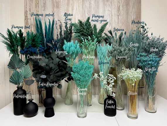 Trockenblumen türkis mint petrol getrocknet konservierte Blumen Eukalyptus Lagurus Weizen Hafer Nigella Phalaris Broom Deko Strauß Hochzeit