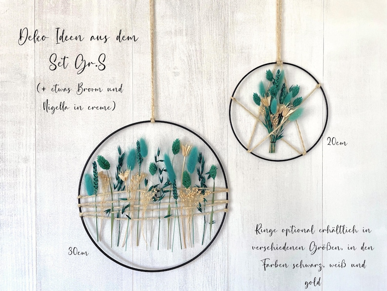 May include: Two decorative wall hangings with dried flowers and greenery. One is 11.8 inches in diameter, the other is 7.9 inches. The flowers are teal, beige, and cream-colored, arranged within black metal rings. The text on the image says "Deko Ideen aus dem Set Gr.S".