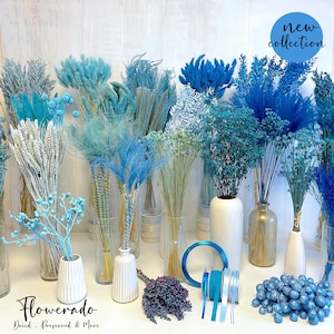 Trockenblumen blau hellblaue Blumen Trockenblumenstrauß Deko blau Tischdeko Taufe Hochzeitsdeko Adventskranz Hortensien Flachs Weizen Hafer Bild 1