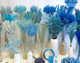 Trockenblumen blau hellblaue Blumen Trockenblumenstrauß Deko blau Tischdeko Taufe Hochzeitsdeko Adventskranz Hortensien Flachs Weizen Hafer