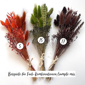 May include: Three bouquets of dried flowers in shades of orange, green, and brown, tied with twine. Each bouquet is labeled with a number: 5, 15, and 17. The text at the bottom reads "Beispiele f&uuml;r Farb-Kombinationen/sample mix".