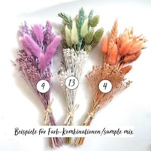 May include: Three bouquets of dried flowers in shades of purple, green, and orange, tied with twine. Each bouquet has a number in a white circle: 9, 13, and 4. The text at the bottom reads "Beispiele f&uuml;r Farb-Kombinationen/sample mix".