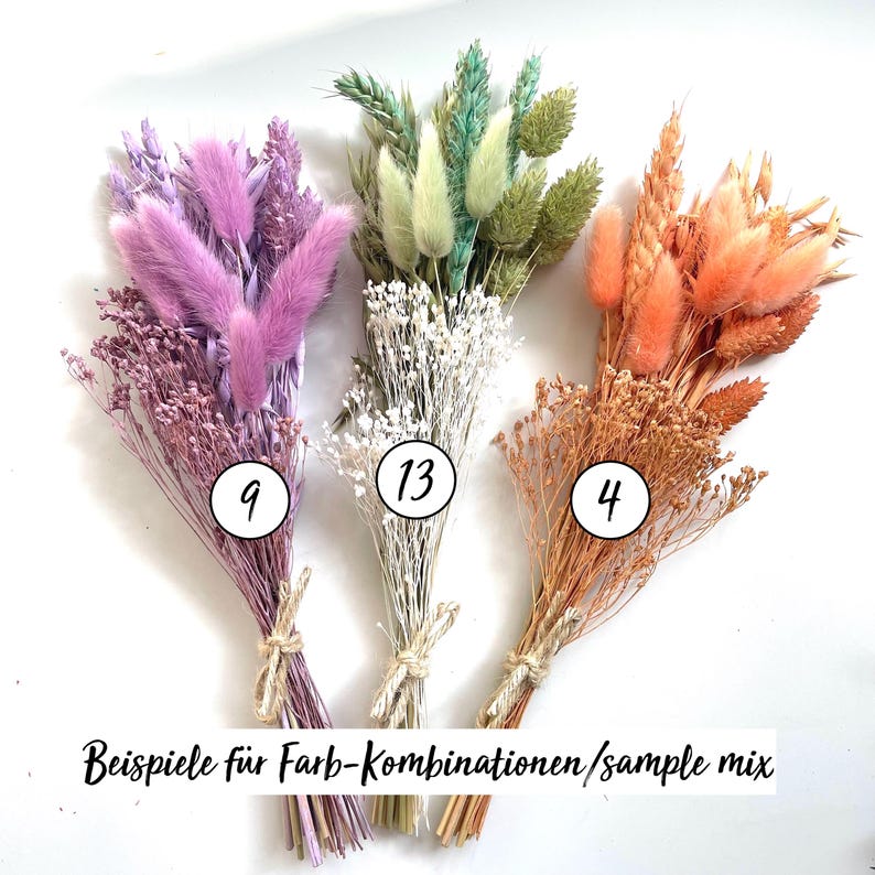 May include: Three bouquets of dried flowers in shades of purple, green, and orange, tied with twine. Each bouquet has a number in a white circle: 9, 13, and 4. The text at the bottom reads "Beispiele f&uuml;r Farb-Kombinationen/sample mix".