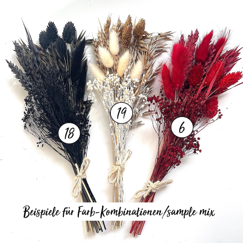 May include: Three bouquets of dried flowers in black, cream, and red. Each bouquet is tied with twine. The black bouquet is labeled "18", the cream bouquet is labeled "19", and the red bouquet is labeled "6". The text "Beispiele f&uuml;r Farb-Kombinationen/sample mix" is at the bottom.