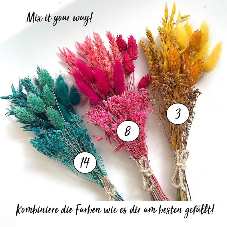 May include: Bundles of dried flowers in teal, pink, and yellow, tied with twine. The image includes the text "Mix it your way!" and numbers 3, 8, and 14 in white circles. The flowers are arranged against a white background.