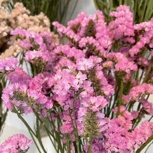 May include: A bouquet of dried pink statice flowers with green stems. The flowers are arranged in a vase and are ready to be used in a craft project or as a decorative element.