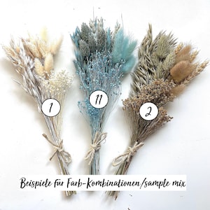 May include: Three bouquets of dried flowers, each tied with twine. The bouquets feature a variety of textures and colors, including beige, blue, and brown. The text at the bottom reads "Beispiele f&uuml;r Farb-Kombinationen/sample mix."