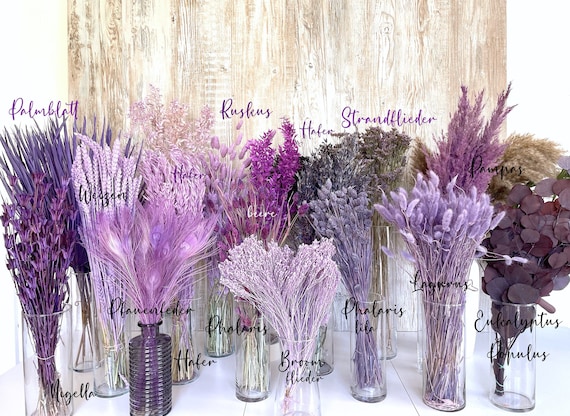 Lila Trockenblumen getrocknete Blumen in flieder violett Ruskus Lagurus Pampas Broom Hafer Weizen Phalaris Eukalyptus Deko Hochzeit Sommer