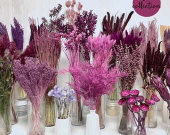 Flores secas tonos morados bayas ramo de flores secas lavanda rosa gypsophila craspedia otoño decoración de pastel de boda flores de cumpleaños adviento