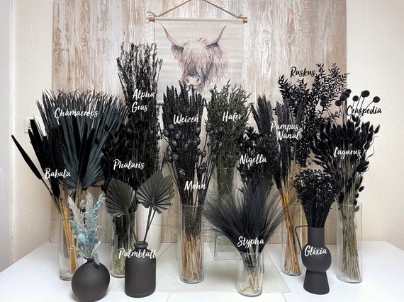 Schwarze Trockenblumen getrocknete Blumen Ruskus Craspedia Lagurus Phalaris Broom Weizen Nigella schwarze Deko Geburstag Jubiläum Tischdeko