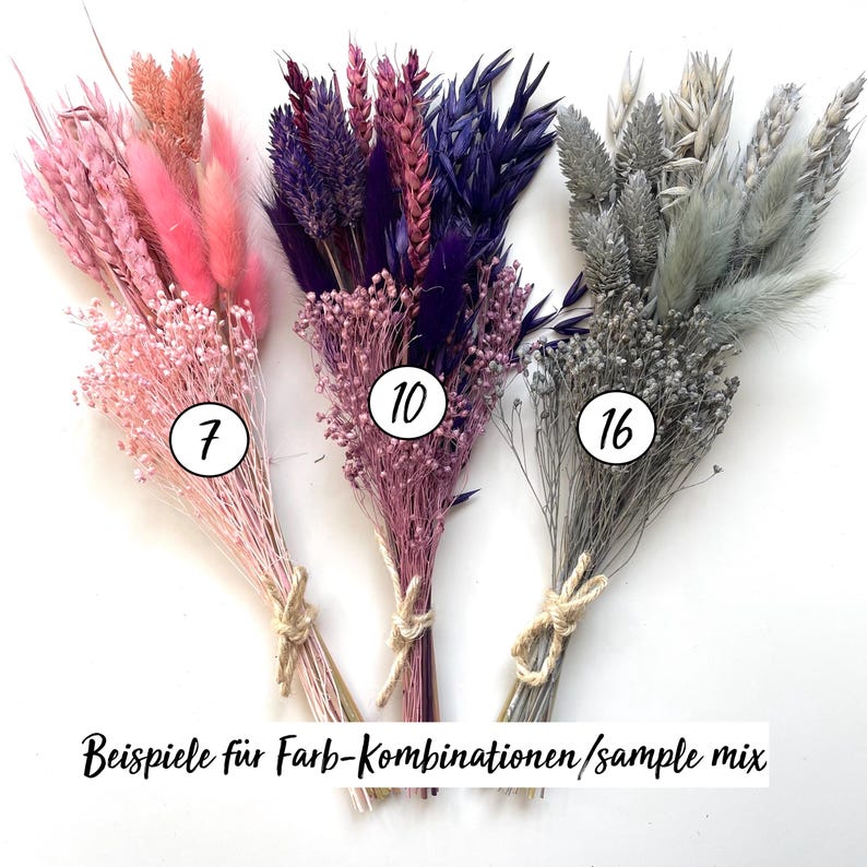 May include: Three bouquets of dried flowers in shades of pink, purple, and gray, tied with twine. Each bouquet has a number on it: 7, 10, and 16. The text at the bottom reads "Beispiele f&uuml;r Farb-Kombinationen/sample mix".