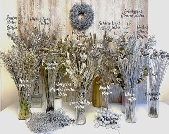 Flores secas plata platino champán Craspedia Phalaris Ruscus Gypsophila Eucalipto Avena Trigo Aniversario de bodas Regalo de cumpleaños