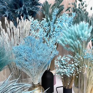 Trockenblumen Trockenblumenstrauß blau hellblau dunkelblau Pampas Ruskus Lagurus Broom Glixia blaue getrocknete Blumen Deko Taufe Hochzeit Bild 6