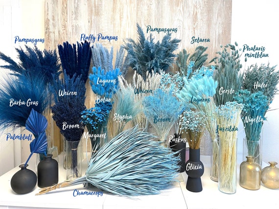 Trockenblumen Trockenblumenstrauß blau hellblau dunkelblau Pampas Ruskus Lagurus Broom Glixia blaue getrocknete Blumen Deko Taufe Hochzeit