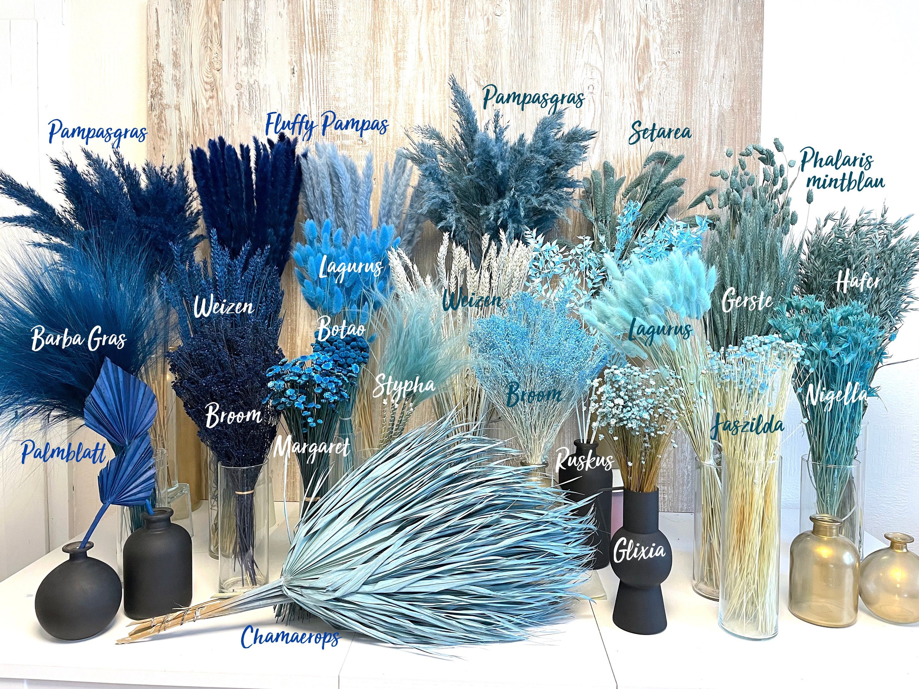 Trockenblumen Trockenblumenstrauß blau hellblau dunkelblau Pampas Ruskus Lagurus Broom Glixia blaue getrocknete Blumen Deko Taufe Hochzeit