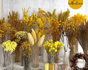 Flores amarillas, flores secas, amarillo mostaza, decoración de mesa, primavera, decoración de Pascua, flores de verano, decoración de boda, gypsophila, Craspedia, Glixia, avena, trigo, bricolaje.