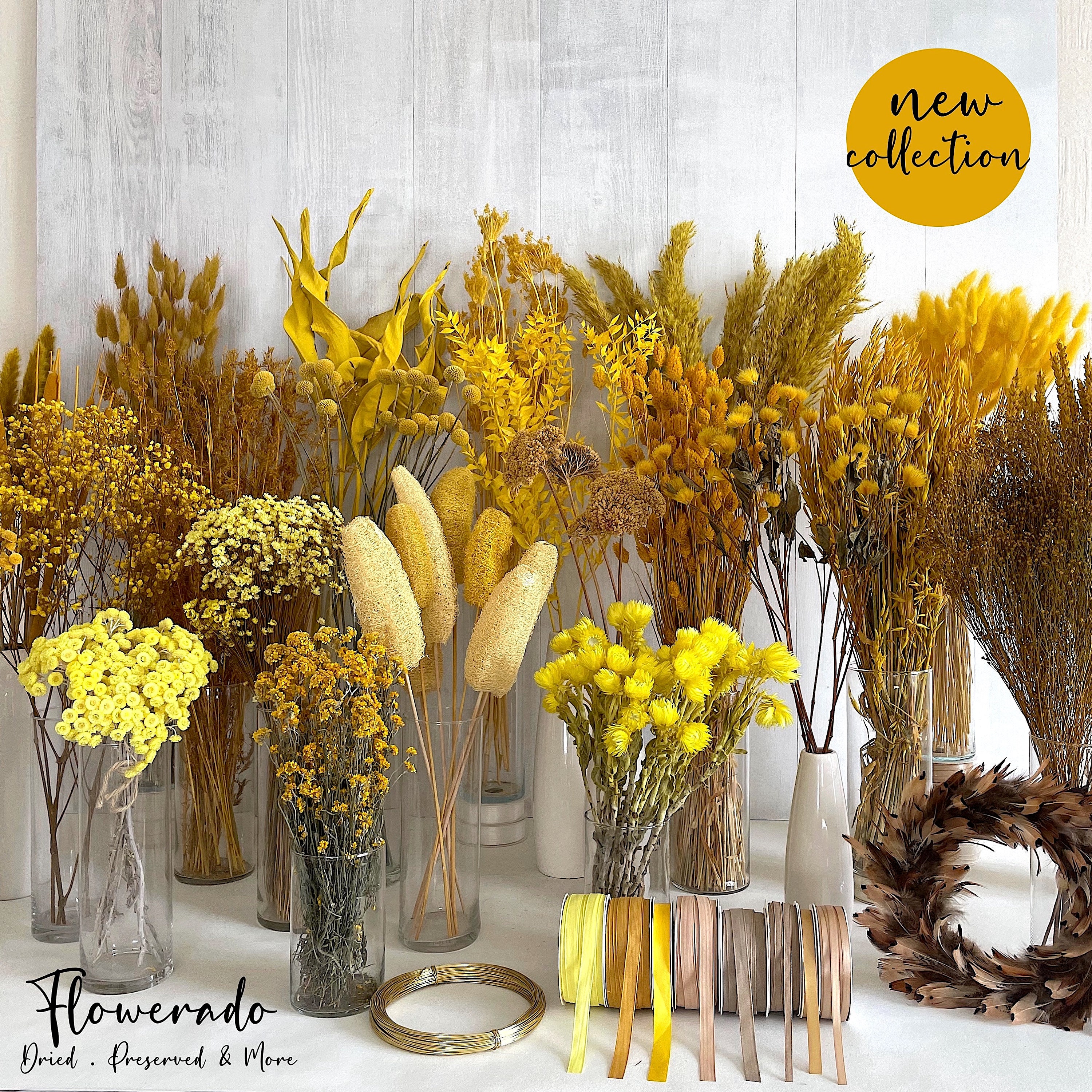 Gelbe Blumen Trockenblumen senfgelb Tischdeko Frühling Osterdeko Sommerblumen Hochzeitsdeko Schleierkraut Craspedia Glixia Hafer Weizen DIY