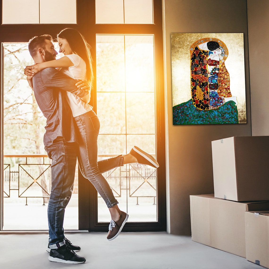 Man Woman painting Kiss Love Art Large Wall decor Golden Etsy
