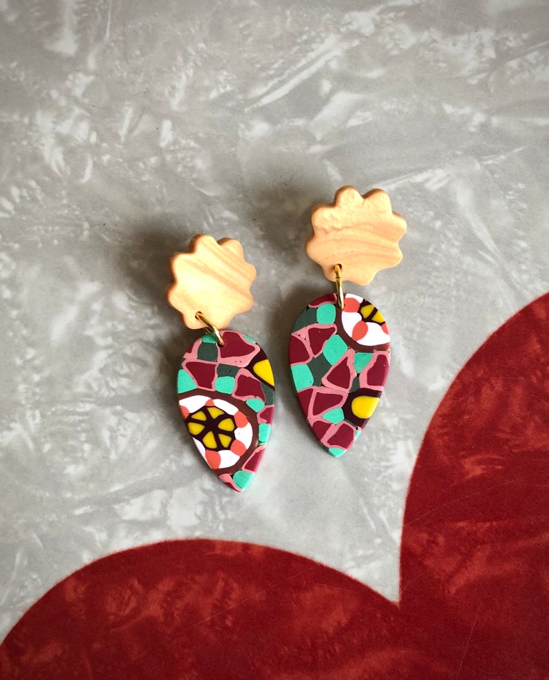 Polymer Clay MOSAIC Floral Teardrop Statement Earrings