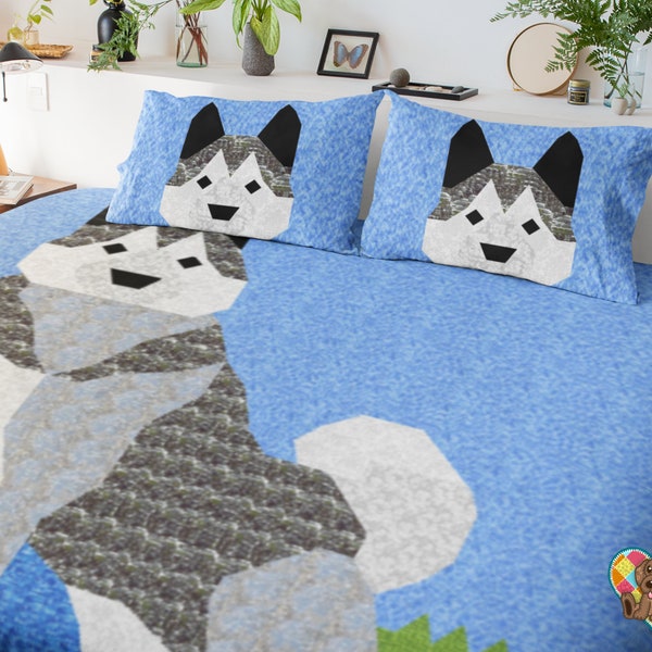 Motif de blocs de courtepointe Husky | Patron de courtepointe PDF téléchargeable | Conception de courtepointe pour chien pdf | Motif de courtepointe animal unique | Motif de blocs de couette pour chien