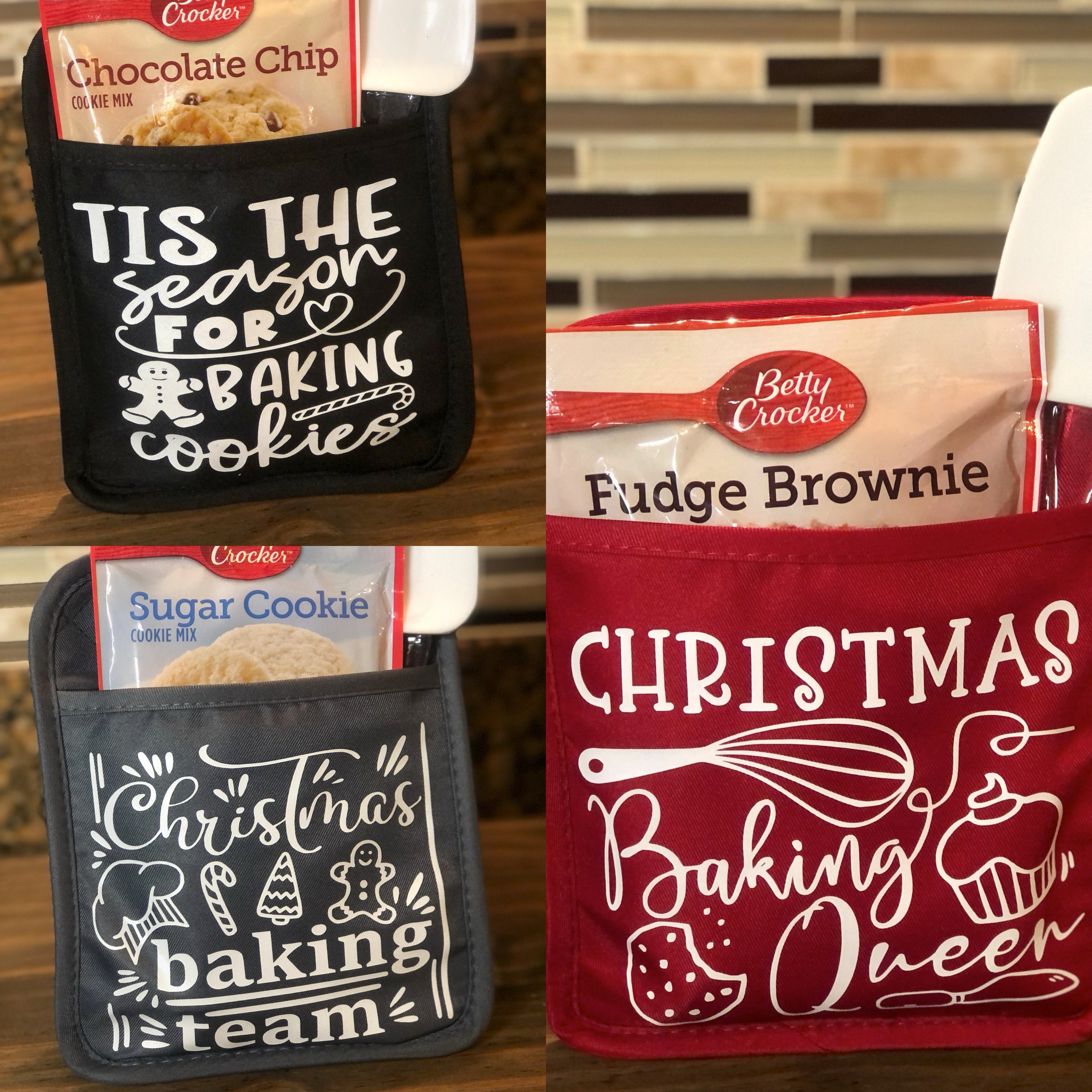 Christmas Custom pot holders with baking mix and spatula. Over Etsy