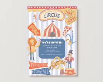 Editable Circus Birthday Invitation | Whimsical Vintage Carnival Party Invite | Canva Template | Instant Download | Watercolor Style Invite