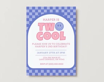 Two Cool Girl Second Birthday Invitation | Editable Canva Template | Girly Bday Party | Happy Face Themed Invite | Colorful Instant Download
