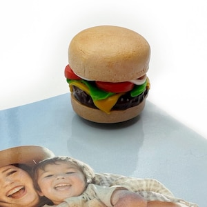 Peut inclure: Un mini-hamburger avec un pain brun clair, une galette fonc&eacute;e et des garnitures color&eacute;es, dont des tranches de tomates rouges, de la laitue verte, du fromage jaune et des oignons blancs. Le burger est un petit aliment d&eacute;taill&eacute;.