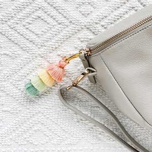 May include: A light gray leather crossbody bag with a gold zipper and hardware. A colorful tassel in pastel shades of pink, yellow, green, and blue is attached to the bag with a gold clasp. The bag has a wrist strap.