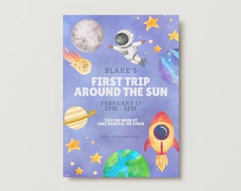 Space First Birthday Invitation | Whimsical Watercolor Party | Canva Template | Instant Download | Colorful Style Invite | Astronaut Love