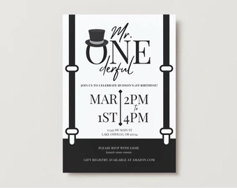 Mr Onederful First Birthday Invitation | Editable Canva Template | Little Man Birthday Party | First Birthday | Black & White Invite