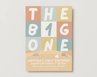 The Big One First Birthday Invitation | Editable Canva Template | Gender Neutral Bday Party | Beach Themed Invite | Instant Download