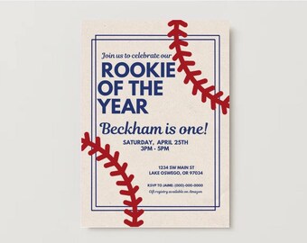 Rookie of the Year First Birthday Invitation | Editable Canva Template | Baseball Birthday Party | First Bday | Vintage Aesthetic Invite