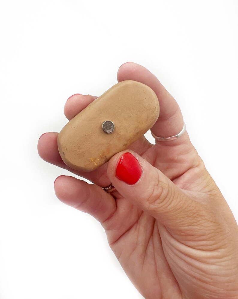 May include: A light brown oval-shaped object with a small silver magnet attached to the top.