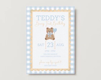 Beary First Birthday Invitation | Whimsical Vintage Bear Party | Canva Template | Instant Download | Watercolor Style Invite | Gingham Love