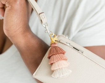 Pink Tassel Keychain / Unique Mauve Accessories / Boho Purse Charm / Ombre Fringe Decor / Thank you Gift for Real Estate Agent / Teen Girl
