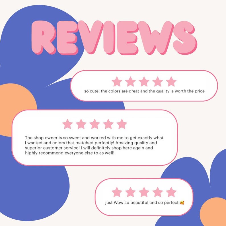 Peut inclure: Graphique avec le mot "REVIEWS" en lettres roses &agrave; bulles. Trois avis clients avec des &eacute;valuations cinq &eacute;toiles sont affich&eacute;s en dessous. Les avis sont en texte blanc sur des bulles roses et blanches, sur fond bleu et orange.