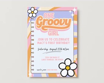 One Groovy Girl First Birthday Invitation | Editable Canva Template | Girly Bday Party | Nostalgic Themed Invite | Colorful Instant Download