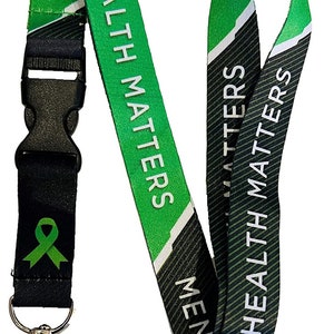 Green Ribbon - Mental Health Matters Awareness Neck Lanyard with Safety Breakaway & Matching Black And Green Pin Badge 2.5cm x 1.5cm