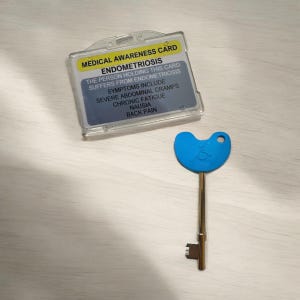 Medische voorlichtingskaart endometriose, kaarthouder berenknuffel en NKS-compatibele toiletsleutel.