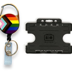 LGBTQIA+ Progress Pride intrekbare haspel voor ID-badge met riemclip + zwarte kaarthouder