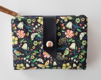 Carteira média de tecido ecológico com estampa floral, 6 porta-cartões, bolso externo, bolsa com zíper ecológica, feita à mão