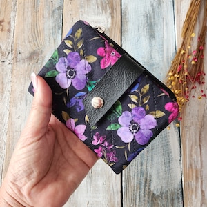 Black fabric wallet with watercolor flowers, fabric purse, girl wallet, card holder, gift for mom, gift for women