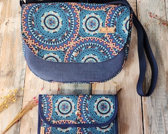 Mittlere Tasche und großes Portemonnaie aus Polyestergewebe mit Mandala-Motiven, großes Portemonnaie, zeitlose Tasche, Geschenk zum Muttertag