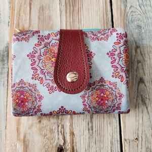 Blue fabric wallet with purple mandala drawings, girl's purse, card holder, gift for mom, gift for women, compact wallet