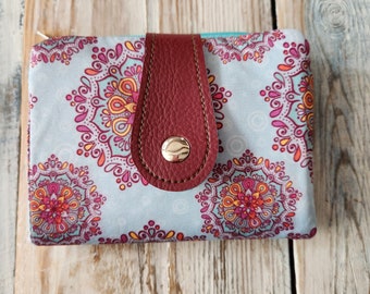Portefeuille en tissu bleu avec mandalas violets dessin animé, portefeuille fille, porte carte, cadeau pour maman, cadeau pour femme, portefeuille compact