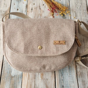 Crossbody bag with adjustable strap, women's bag, beige fabric bag with gold dots, timeless bag, gift bag