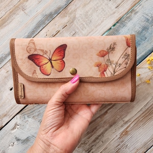 Cartera de tela beige con mariposas, billetera de chica, tarjetero, regalo para mamá, regalo para mujeres, monedero grande, regalo especial
