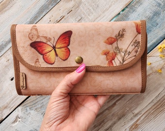 Cartera de tela beige con mariposas, billetera de chica, tarjetero, regalo para mamá, regalo para mujeres, Clutch cartera