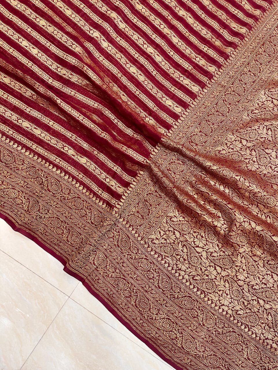 Striped sexy zardosi gorgette saree main image 1